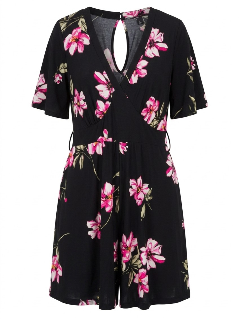 Torrid Black Pink Floral Pocket Waist Tie Romper Plus Size 3X Short Sleeve 4025